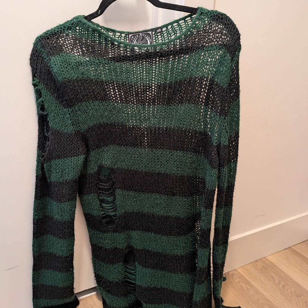 Killstar Distressed Green and Black Striped Sweater